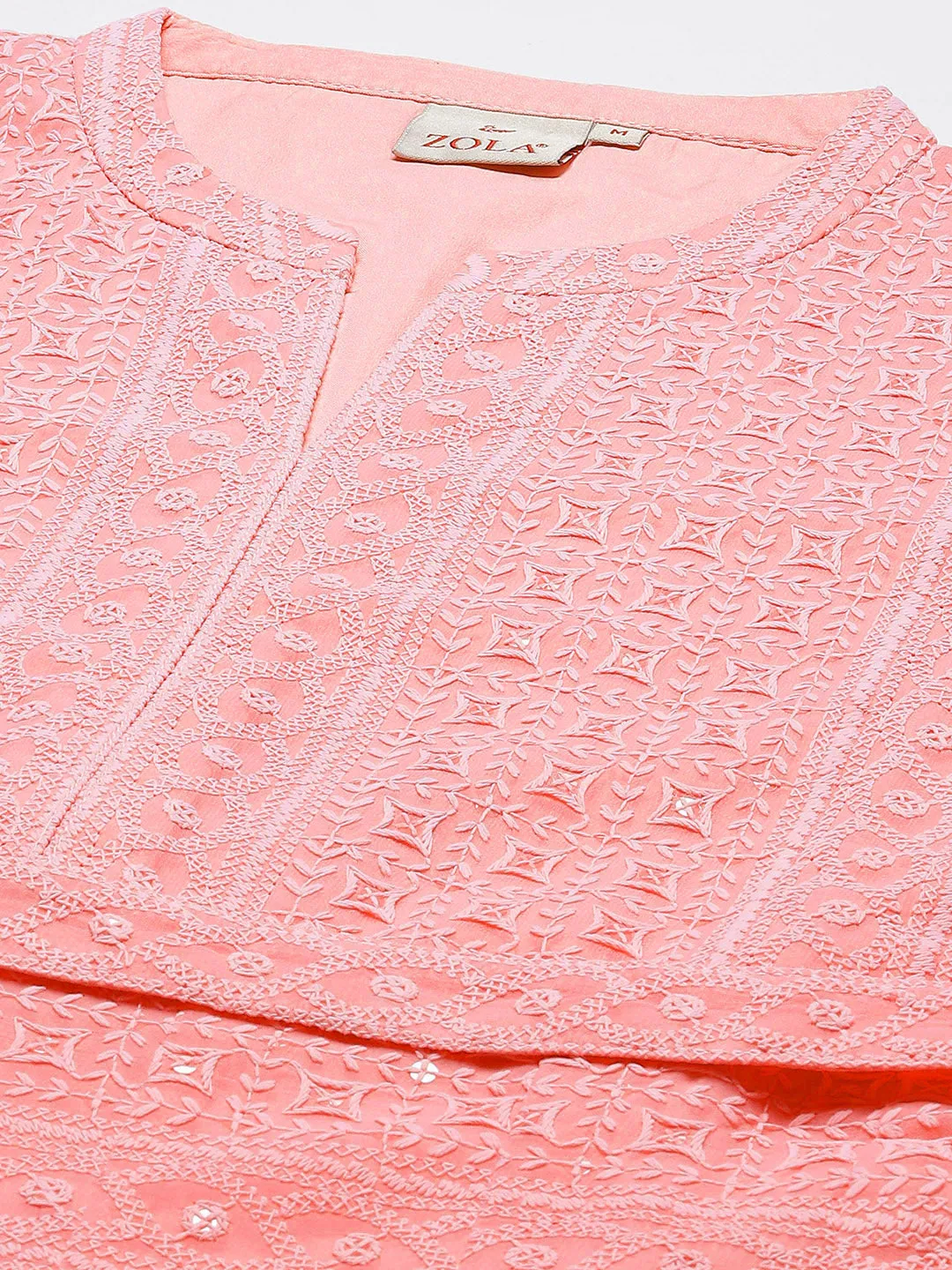 ZOLA  Mandarin Collar Georgette All Over Chikankari Embroidery Peach Flared Dress For Women