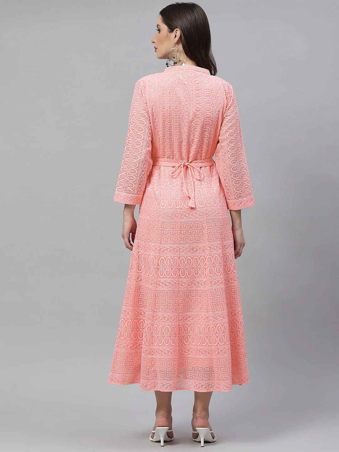 ZOLA  Mandarin Collar Georgette All Over Chikankari Embroidery Peach Flared Dress For Women