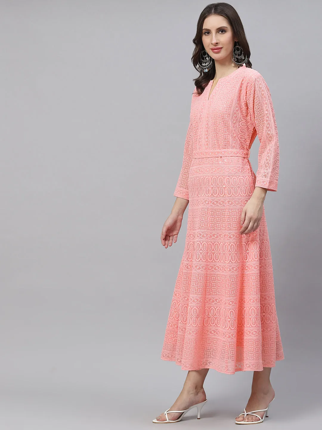 ZOLA  Mandarin Collar Georgette All Over Chikankari Embroidery Peach Flared Dress For Women